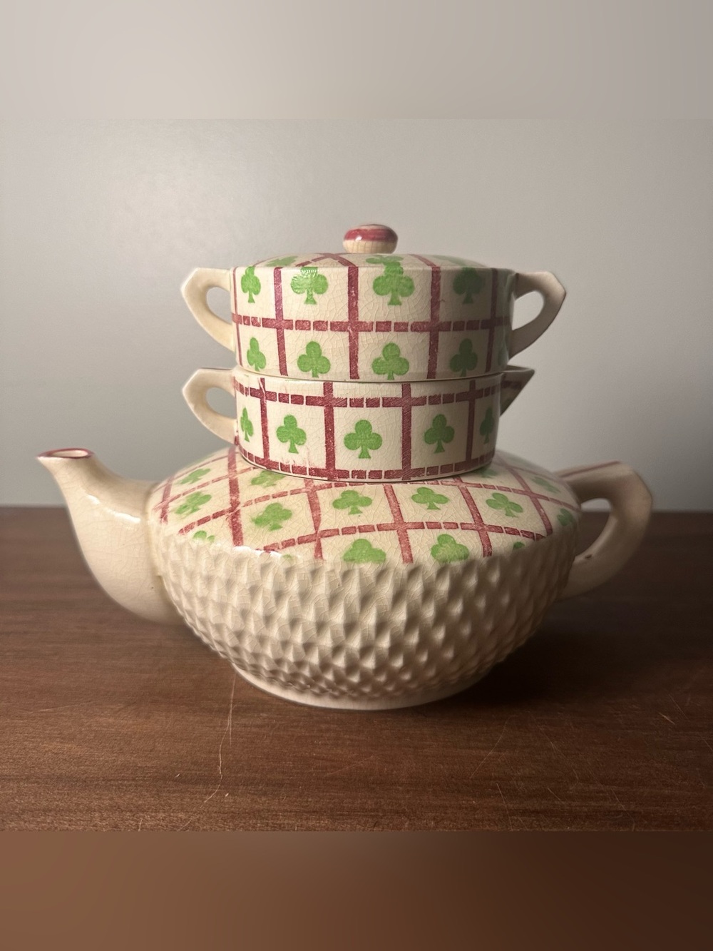 Vintage Stacking Teapot Tea Set Crackle Glaze Ceramic Shamrock Plaid Japan